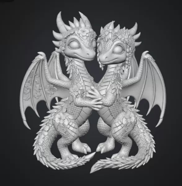 Romantic Floral Dragon Couple STL File for 3D Print - Model preview 13