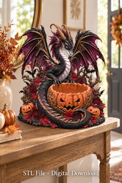 Gothic Halloween Dragon Pumpkin Bowl STL File for 3D Print - Model preview 4