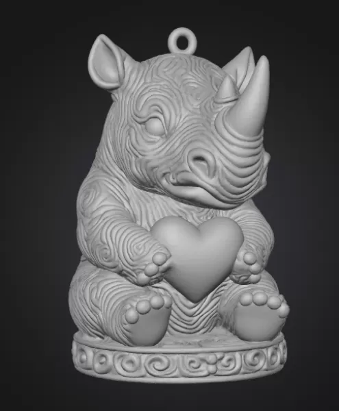 Cute Rhino Figurine With Heart — Pendant / Ornament - Model preview 2