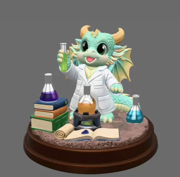 Cute Scientist Dragon Figurine STL File for 3D Print - Model preview 3