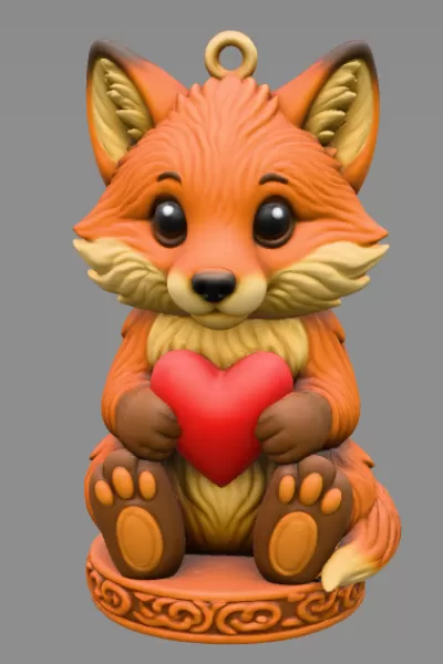Adorable fox / forest creature figurine holding a heart pendant - Model preview 2