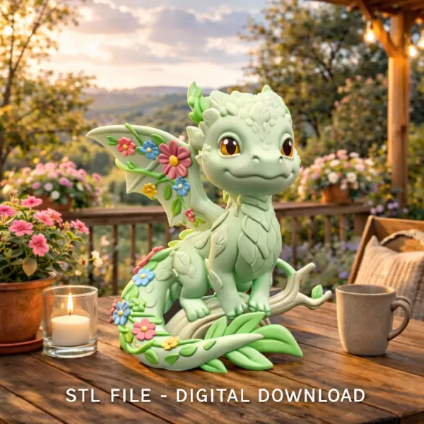Floral Forest Dragon STL File 3D Printable Cute Fantasy Dragon - Model preview 2