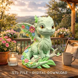 Floral Forest Dragon STL File 3D Printable Cute Fantasy Dragon - Model thumbnail 2