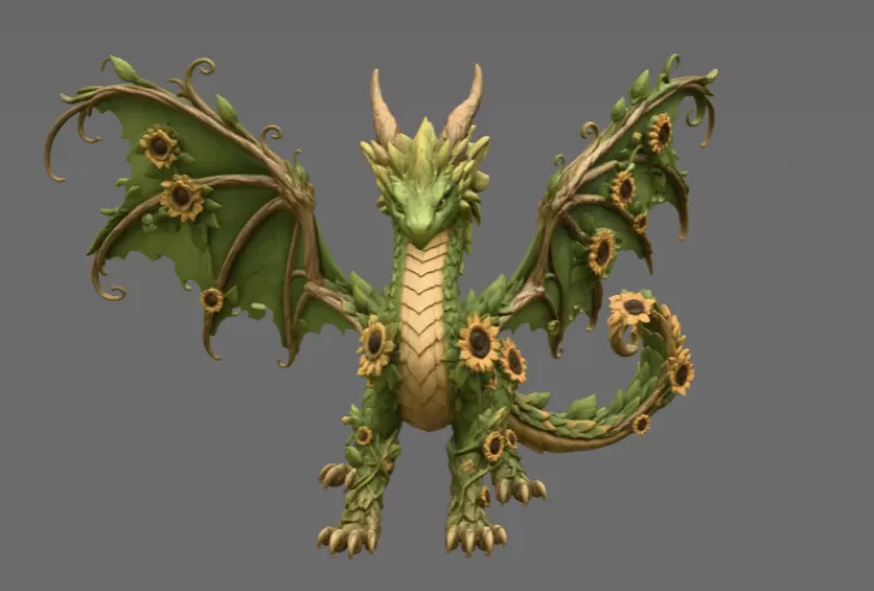 Sunflower Meadow Dragon STL File for 3D Print - Model preview 5