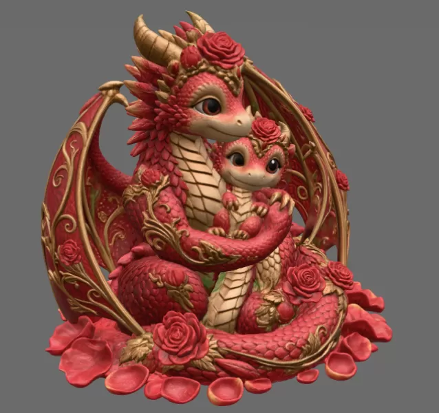 Rose Dragon Mother and Baby STL File for 3D Print - Model preview 12
